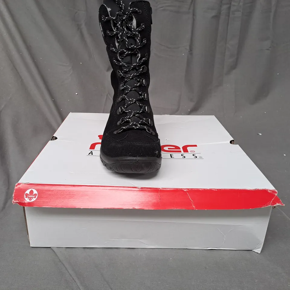 BOXED PAIR OF RIEKER SUEDE WATER RESISTANT BOOTS IN BLACK SIZE 5