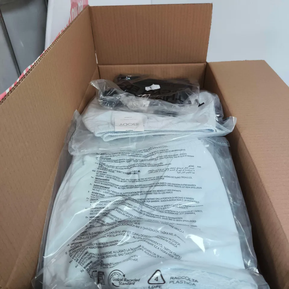 BOX OF APPROXIMATELY 28 ASSORTED CLOTHING ITEMS TO INCLUDE COTTON SOFT LACE TRIM SHORTS, SUNGLASSES, SCOOP LONG SLEEVE ETC