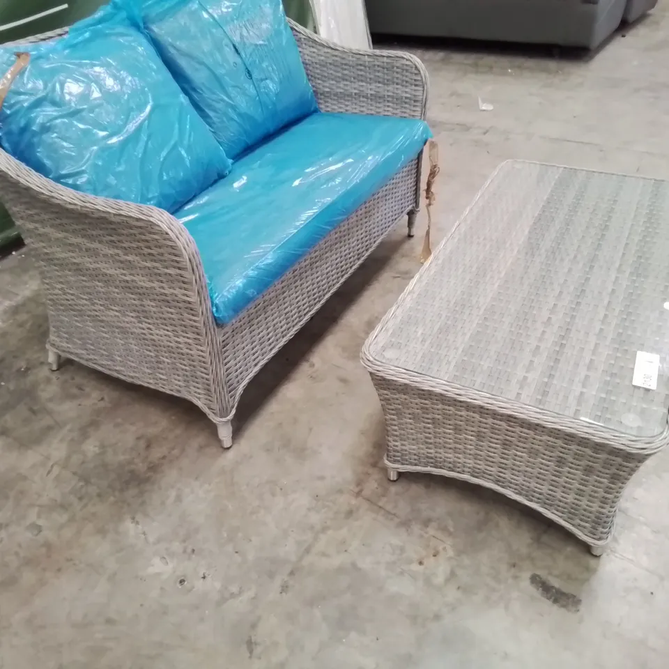 DESIGNER GREY RATTAN COFFEE SET OF TWO SEATER SOFA WITH CUSHIONS & GLASS TOP COFFEE TABLE 