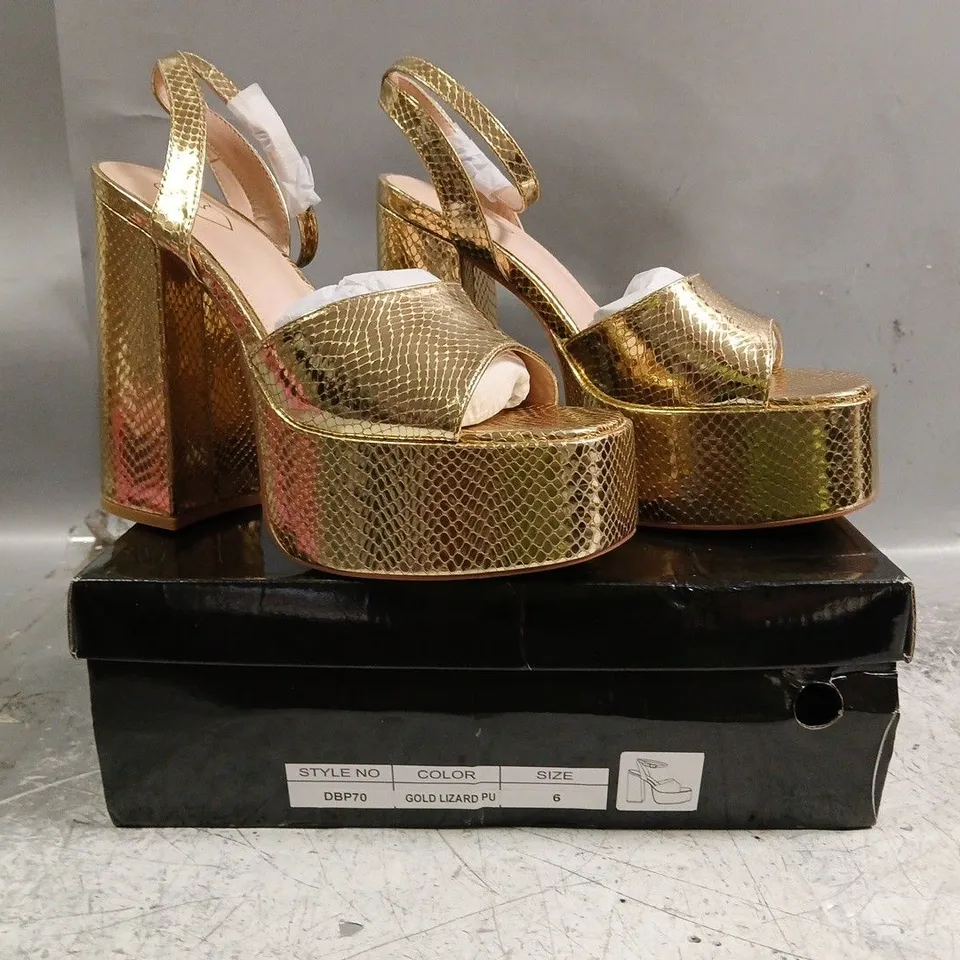 BOXED PAIR OF KOI OPEN TOE PLATFORM BLOCK HEEL SANDALS IN GOLD LIZARD SIZE UK 6
