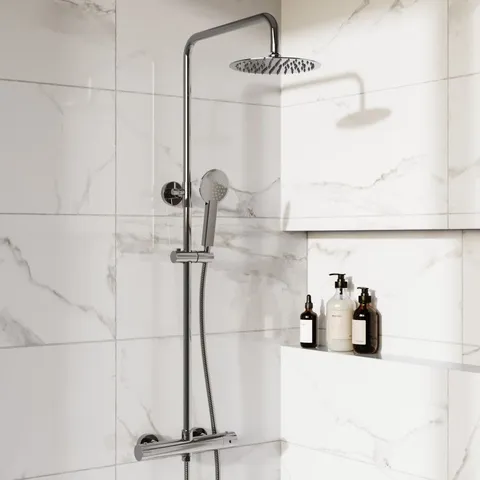 BOXED CHROME 2 OUTLET ROUND THERMOSTATIC BAR MIXER SHOWER SET WITH HAND SHOWER - VIRA