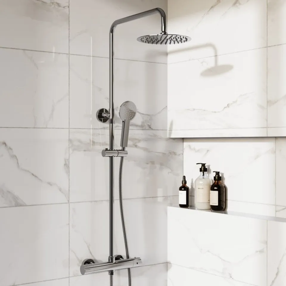 BOXED CHROME 2 OUTLET ROUND THERMOSTATIC BAR MIXER SHOWER SET WITH HAND SHOWER - VIRA