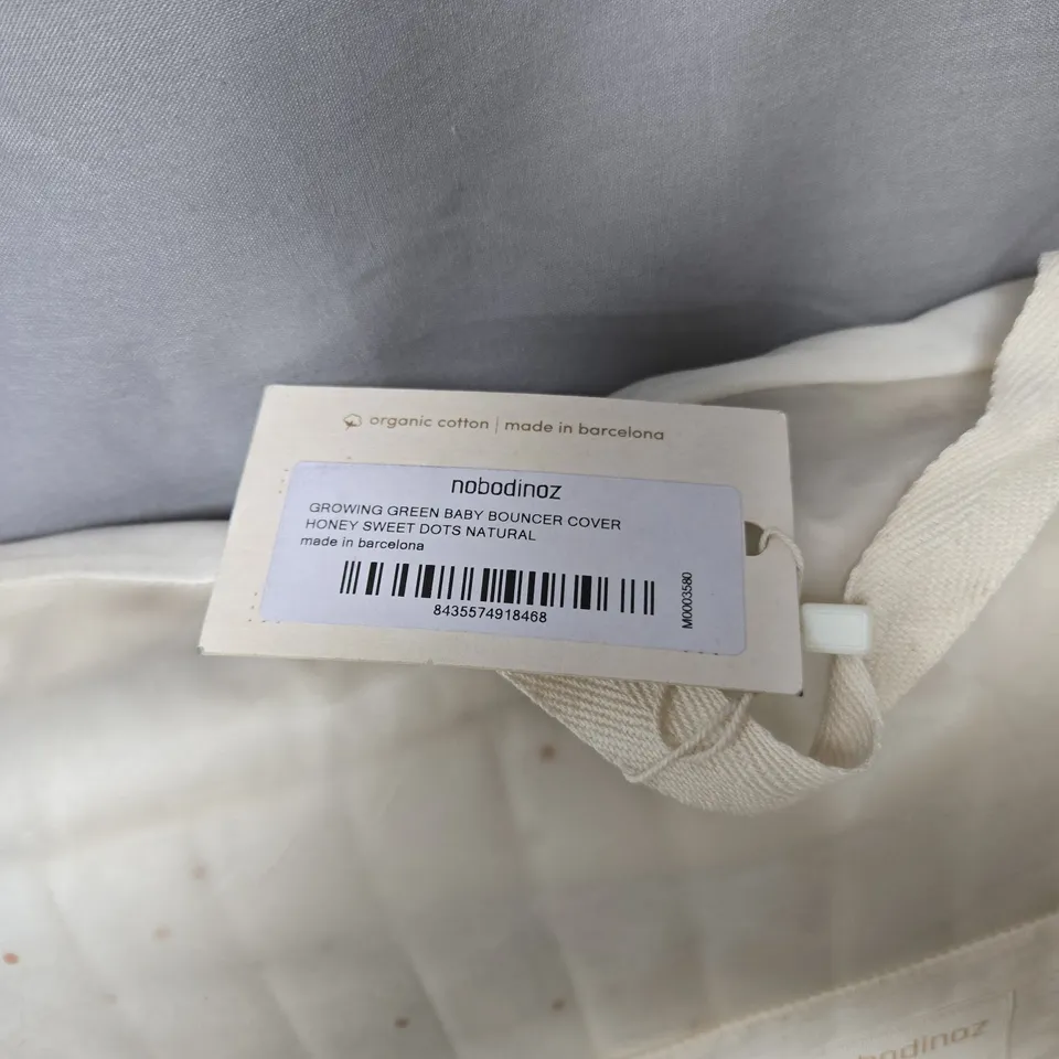 NOBODINOZ GROWING GREEN BABY BOUNCER COVER – HONEY SWEET DOTS NATURAL