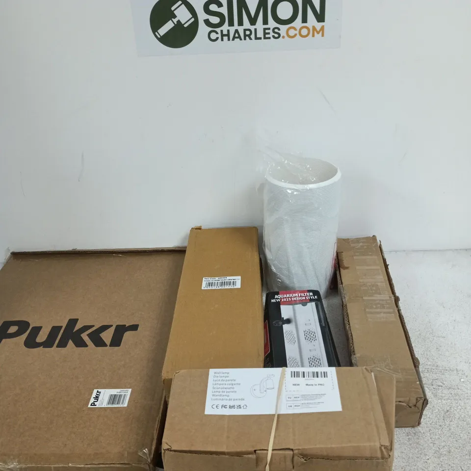 BOX OF APPROXIMATELY 20 ASSORTED ITEMS INCLUDING A CANE BOLT, A WALL LAMP AND AN AQUARIUM FILTER