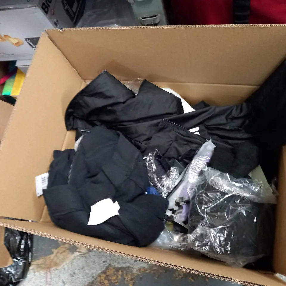 BOX OF APPROXIMATELY 20 CLOTHING ITEMS TO INCLUDE A PAIR OF CASUAL TROUSERS, A DINOSOUR PJ AND A UNDERWEAR/SOCK SET