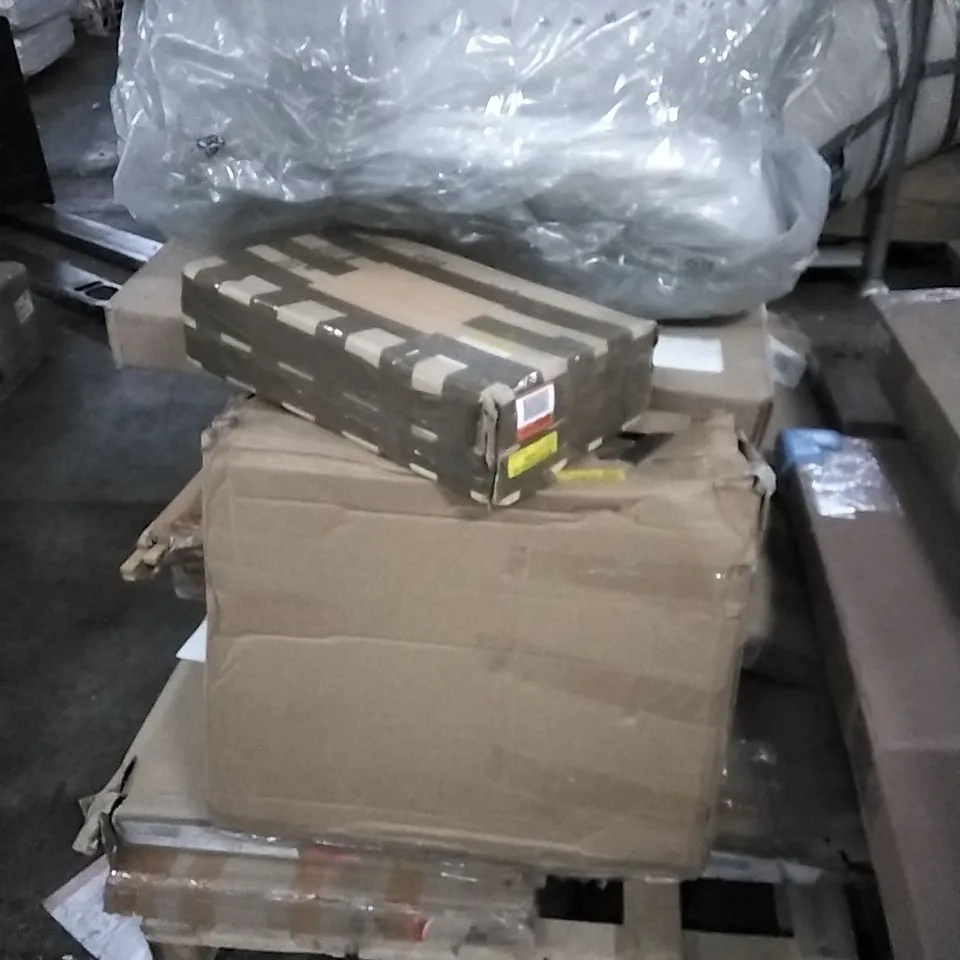 PALLET OF HOUSEHOLD ITEMS TO INCLUDE DINING TABLE, NEST OF TABLE, MEMORY FOAM TOPPER AND ELECTRIC FIRE SUITE ETC...