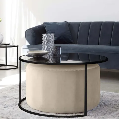 BOXED DANETTI THEA BLACK ROUND COFFEE TABLE POUFFE SET (1 BOX)