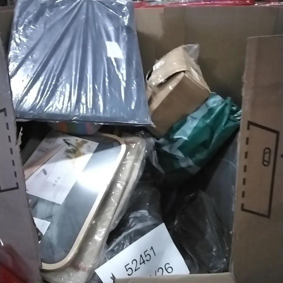 PALLET OF HOUSEHOLD ITEMS TO INCLUDE PUFFY POUCHES SUPERMARKET, PORTABLE PROTECTOR CASE,WRAPPED ART CANVAS,WINDOW WIPERS AND OTHER ASSORTED ITEMS...