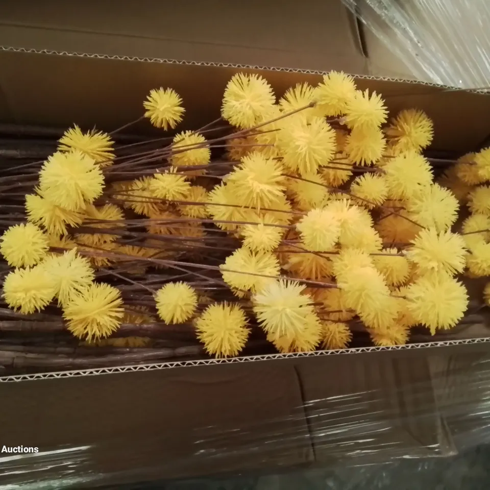 PALLET CONTAINING APPROXIMATELY 50 BOXES OF FAUX MUSTARD POM POM SINGLE STEMS
