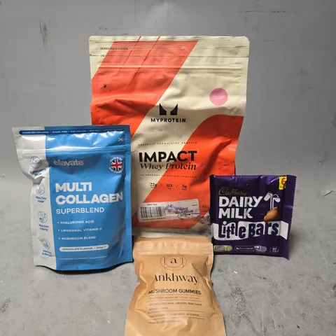 APPROXIMATELY 7 ASSORTED FOOD ITEMS TO INCLUDE - MY PROTEIN IMPACT WHEY PROTEIN PEACH TEA , CADBURY DAIRY MILK LITTLE BARS ETC