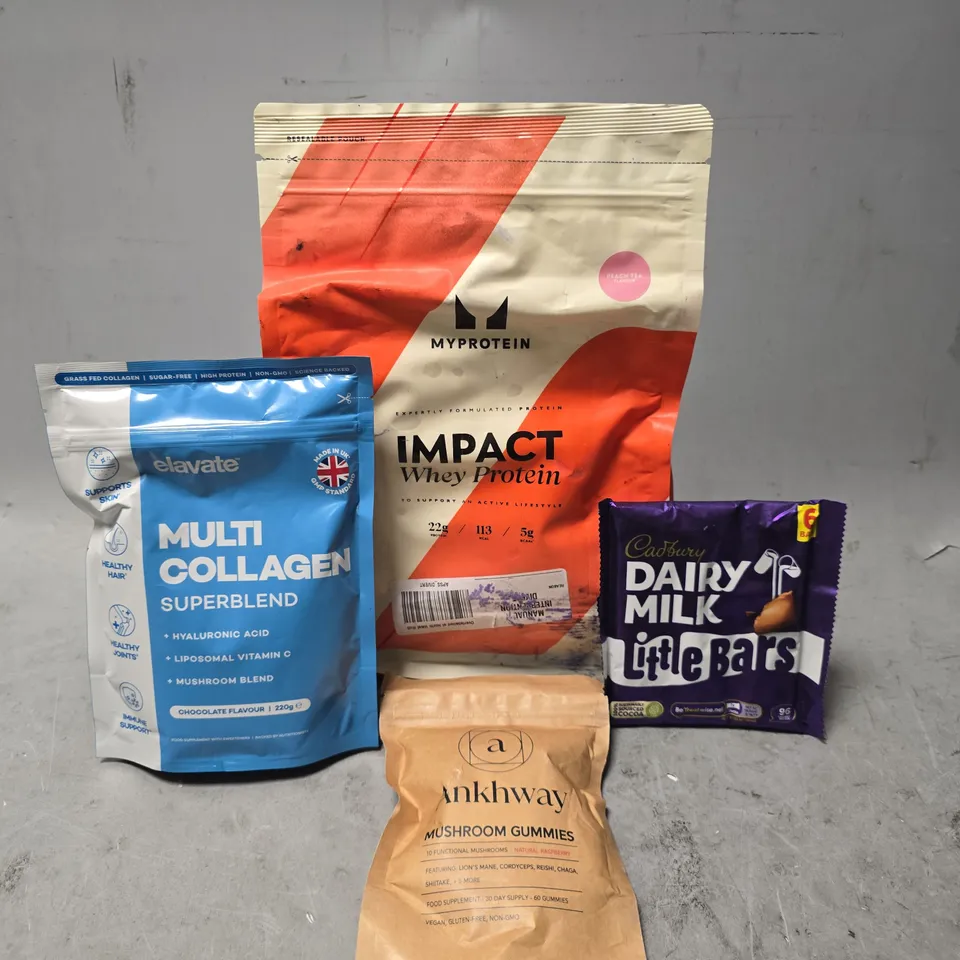 APPROXIMATELY 7 ASSORTED FOOD ITEMS TO INCLUDE - MY PROTEIN IMPACT WHEY PROTEIN PEACH TEA , CADBURY DAIRY MILK LITTLE BARS ETC