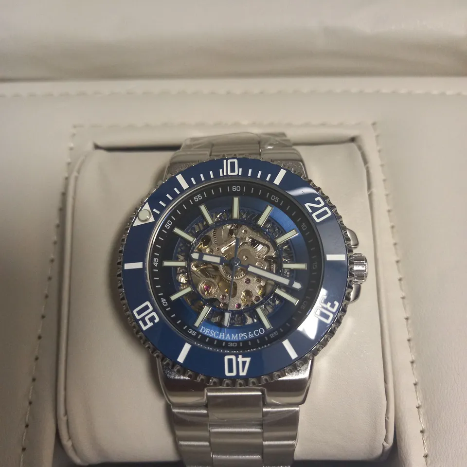 BOXED DESCHAMPS & CO CHRONOGRAPH WATCH WITH STAINLESS STEEL BRACELET