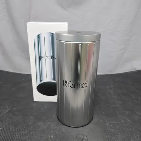 REFORMED METAL STORAGE TIN – CYLINDRICAL SILVER CONTAINER WITH LID