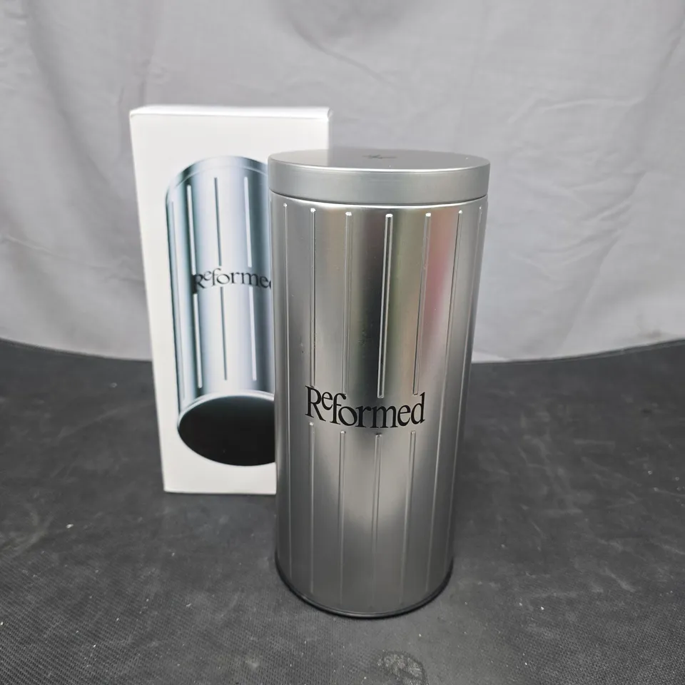 REFORMED METAL STORAGE TIN – CYLINDRICAL SILVER CONTAINER WITH LID