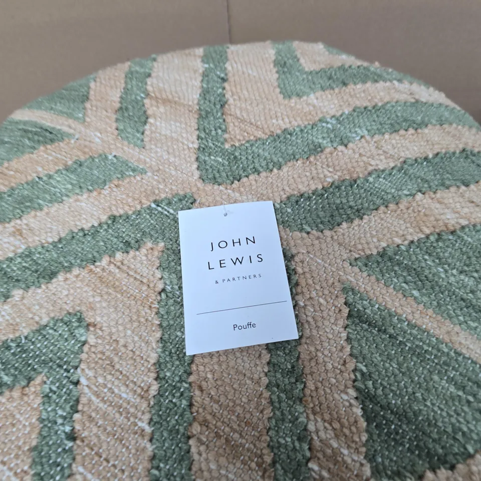 JOHN LEWIS & PARTNERS POUFFE – FAUX JUTE, GREEN & BEIGE, ROUND UPHOLSTERED OTTOMAN