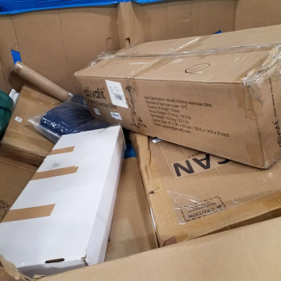 PALLET CONTAINING ASSORTED PRODUCTS TO INCLUDE FOLDING EXERCISE BIKE, VINYL FLOORING CUTTER, RETRACTABLE SAFTEY GATE, MIRROR WITH DECORATIVE HARDWARE