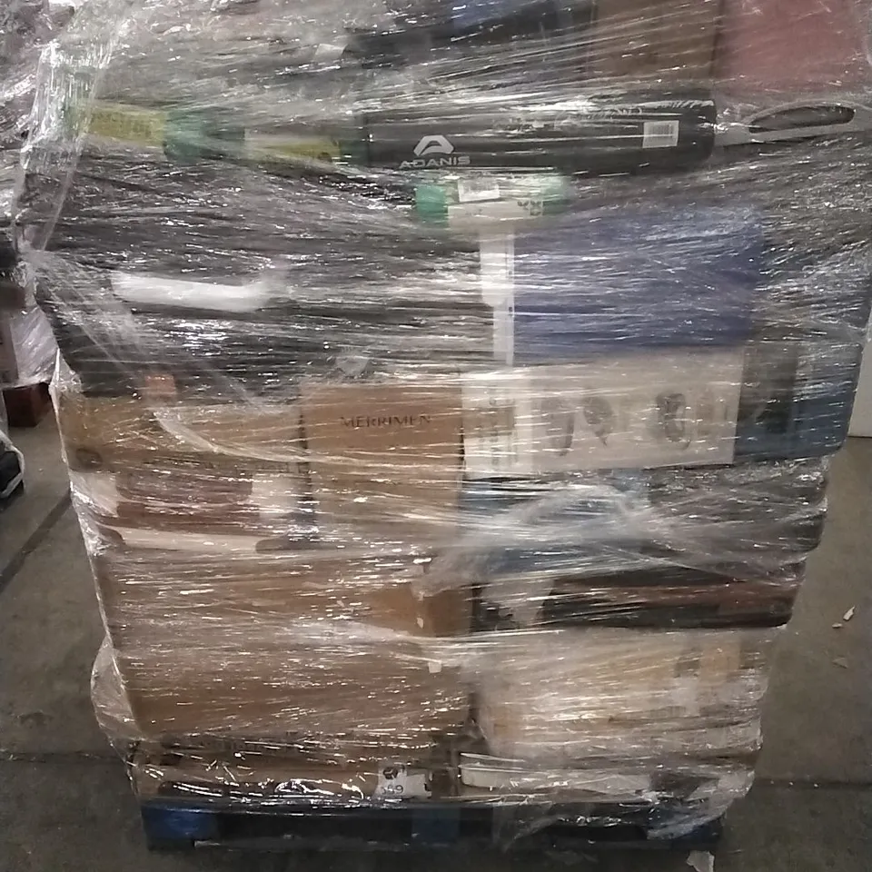 PALLET CONTAINING A LARGE QUANTITY OF ASSORTED HOUSEHOLD GOODS WHICH INCLUDE; HOOVERS, CUSHIONED GRAVITY CHAIR, PARASOL BASE, SUITCASES ETC