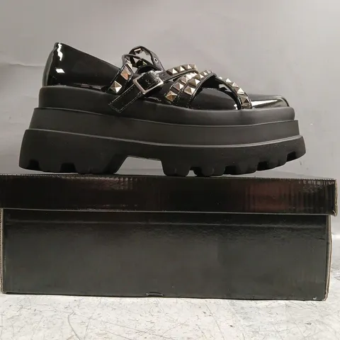 BOXED PAIR OF KOI SIMA STUDDED PLATFORM BALLET SHOES IN BLACK - UK 5