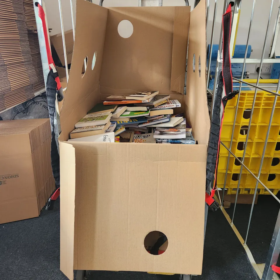 CAGE OF A SIGNIFICANT QUANTITY OF ASSORTED BOOKS BY GABRIELLE ZEVIN, SCOTT CUNNINGHAM, COLLEEN HOOVER, MICHAEL PARKINSON, FREDERICK FORSYTH, DAISY WAUGH, ETC
