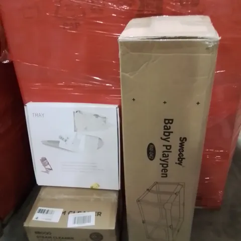 PALLET OF ASSORTED HOUSEHOLD GOODS AND PRODUCTS TO INCLUDE;PLAYPEN,STEAM CLEANER,TRAY