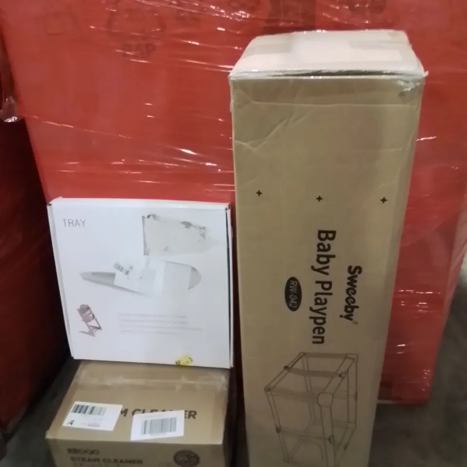 PALLET OF ASSORTED HOUSEHOLD GOODS AND PRODUCTS TO INCLUDE;PLAYPEN,STEAM CLEANER,TRAY