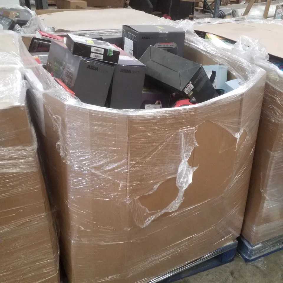 PALLET CONTAINING ASSORTED ELECTRICAL RETURNS INCLUDING POLAROID SOUNDBAR, AERIAL, HEADPHONES, ALARM CLOCK & GAMING KIT