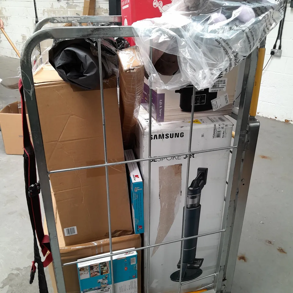 CAGE OF APPROXIMATELY 8 ASSORTED ITEMS TO INCLUDE CROCKPOTS, SHOES AND BESPOKE JET - COLLECTION ONLY