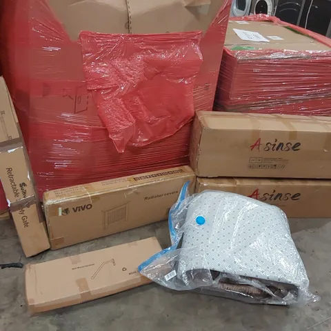 PALLET OF ASSORTED ITEMS INCLUDING: ARTIFICIAL CHRISTMAS TREES, RADIATOR COVER, RETRACTABLE SAFETY GATE, WALL MOUNT HAND RAIL, LARGE RUG ECT