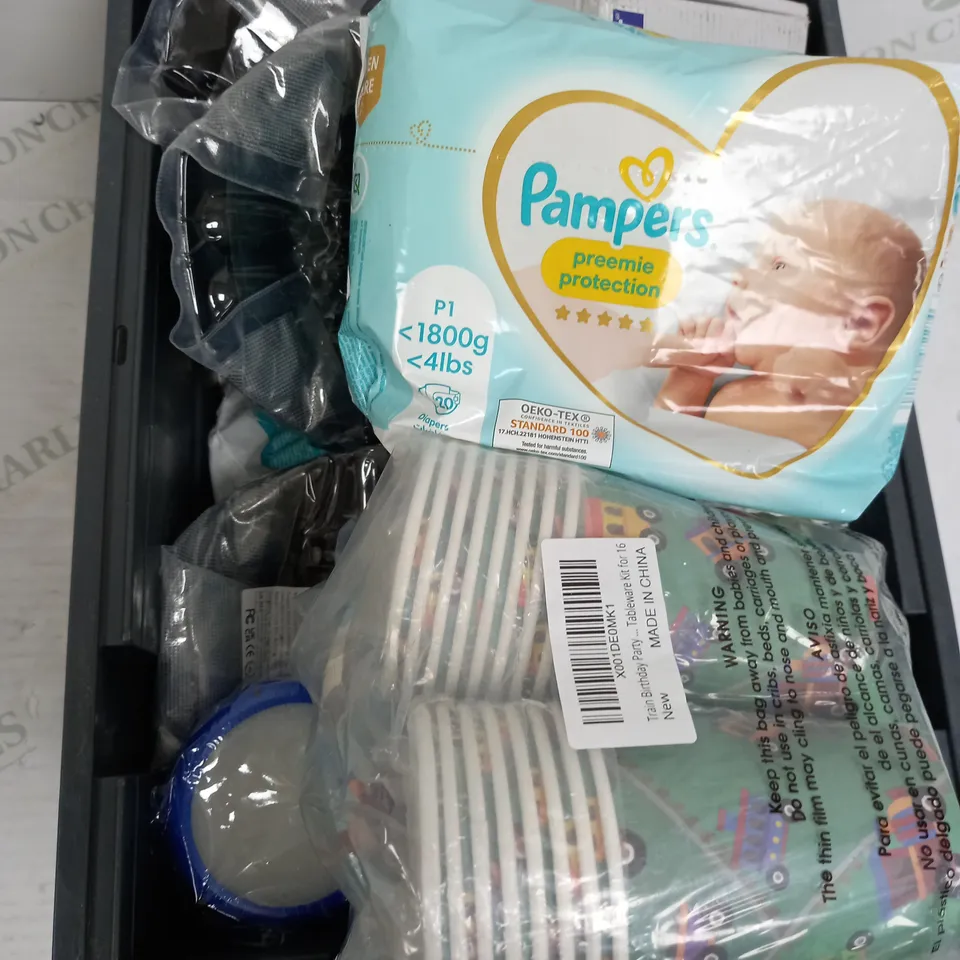 BOX OF APPROXIMATELY 10 ASSORTED ITEMS TO INCLUDE - PAMPERS, PAPER COOKWEAR, AIR FRYER LINER ETC