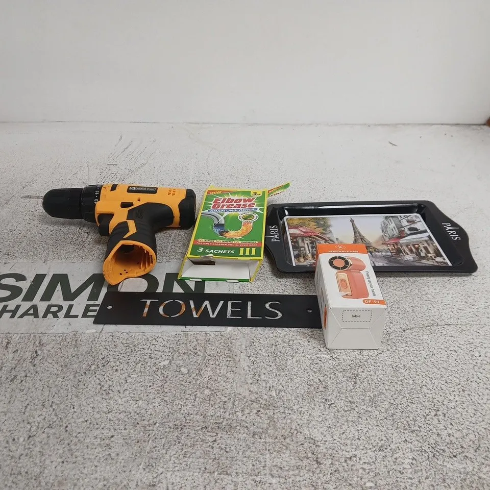 TOTE OF APPROXIMATELY 20 ASSORTED ITEMS TO INCLUDE PARIS TIN PLATE, PORTABLE FAN, ELBOW GREASE, FADAK WALT CORDLESS DRILL ETC