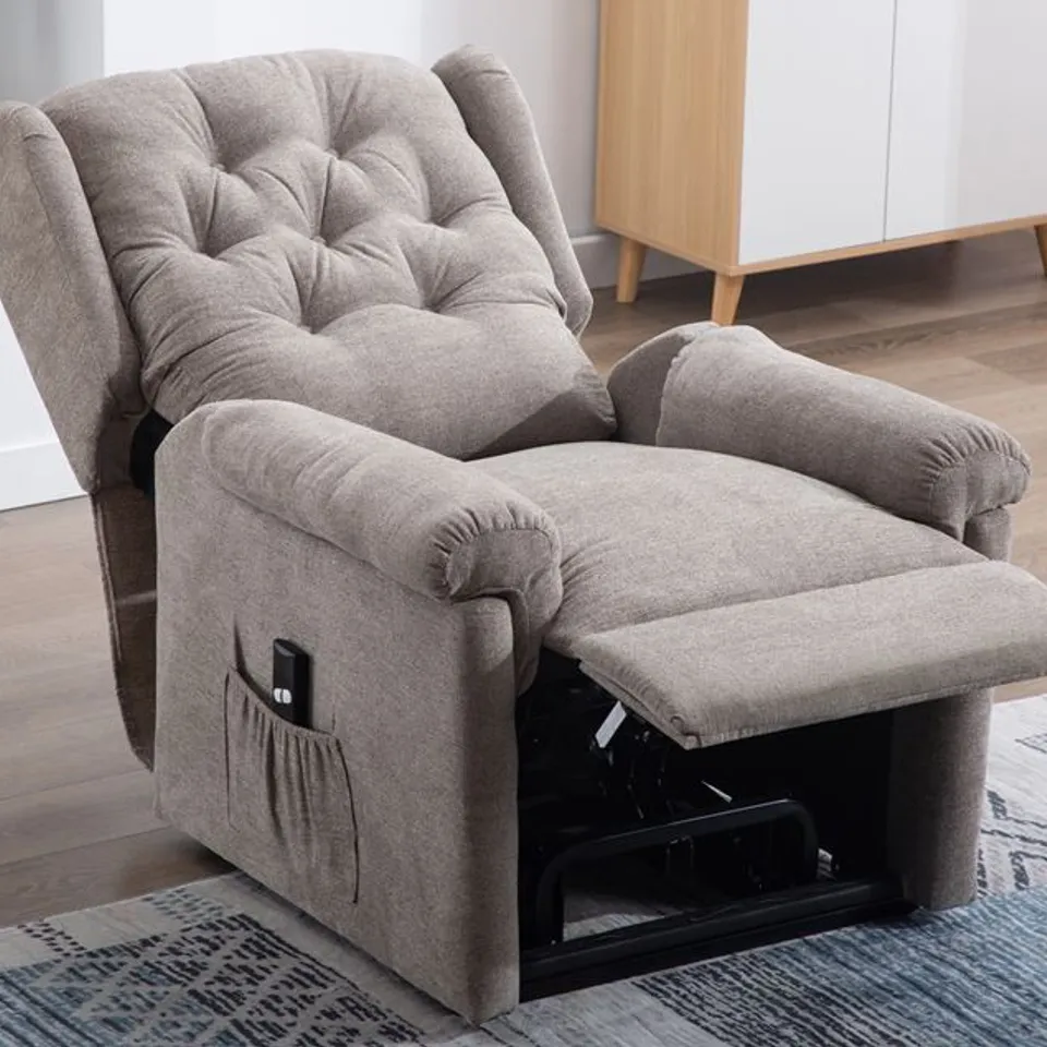 BOXED DESIGNER CHARCOAL FABRIC POWER DUAL RISE & RECLINING EASY CHAIR (2 BOXES)