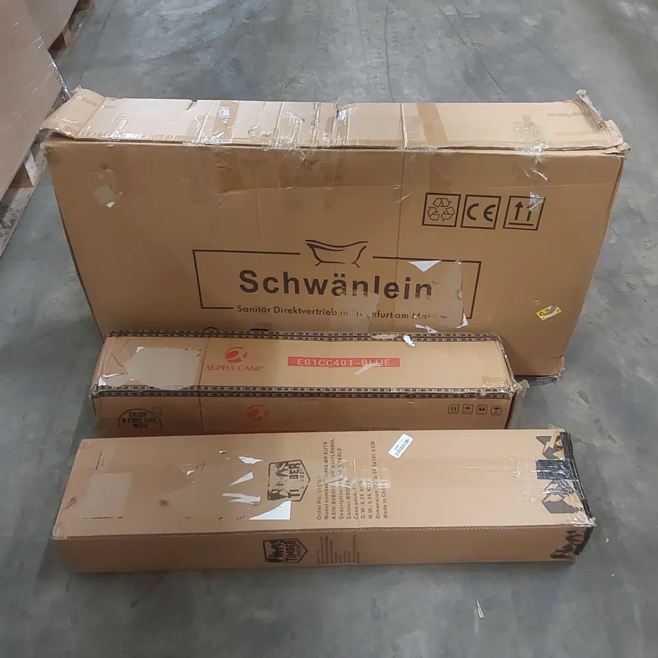 PALLET OF ASSORTED HOUSEHOLD ITEMS AND CONSUMER PRODUCTS TO INCLUDE; BOXED CAMPING ITEMS & BOXED HOME FURNITURE ETC 