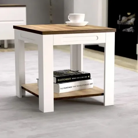 BOXED AVF 50cm X 45cm WHITESANDS SIDE TABLE (SATIN WHITE & WOOD) (1 BOX)