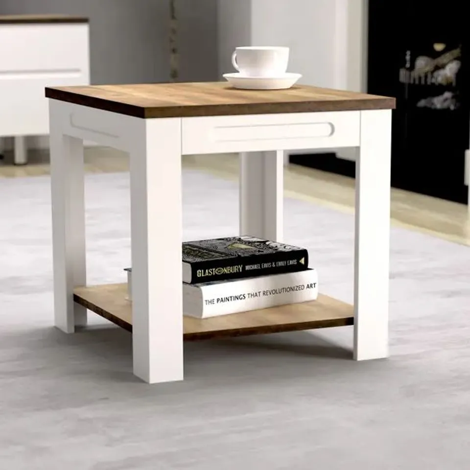 BOXED AVF 50cm X 45cm WHITESANDS SIDE TABLE (SATIN WHITE & WOOD) (1 BOX)