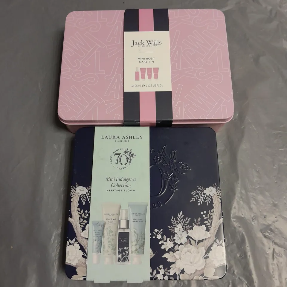 BOX OF 2 ASSORTED COSMETIC PRODUCTS TO INCLUDE JACK WILLS MINI BODY CARE TIN AND LAURA ASHLEY MINI INDULGENCE COLLECTION
