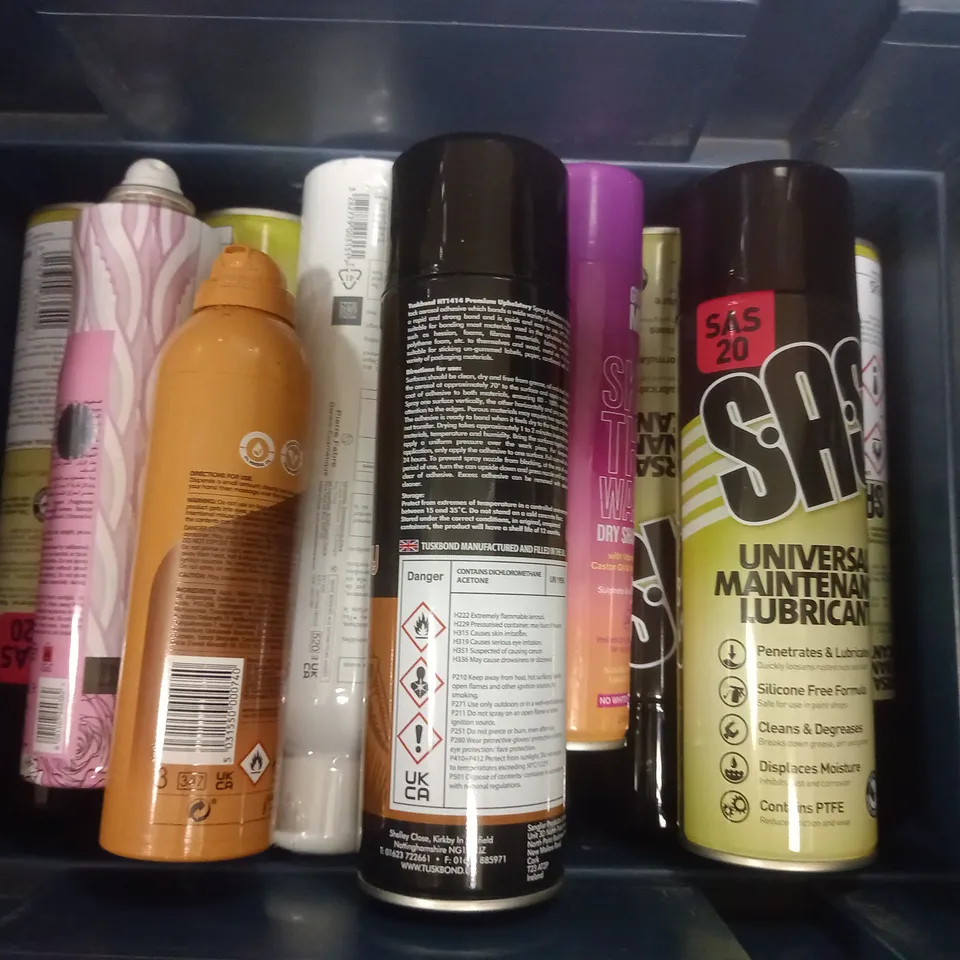 BOX OF APPROX 15 ASSORTED AEROSOLS TO INCLUDE - GIVE ME SKIP THE WASH DRY SHAMPOO - SANCUARY SOA RICH SHOWER BURST - SAS UNIVERSAL MAINTENANCE LUBRICANT ECT