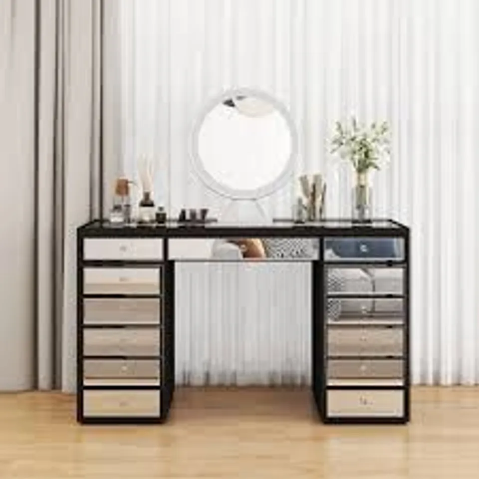 BOXED SHYFOY LUXURY VANITY TABLE WITH MIRROR FINISH – 13 DRAWER MAKEUP ORGANIZER DESK - BLACK/GLASS (1 BOX)