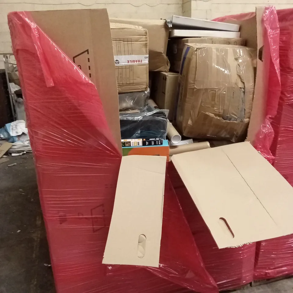 PALLET OF ASSORTED HOUSEHOLD GOODS AND PRODUCTS TO INCLUDE; TROPICAL AQUARIUM LAMPS/LIGHTS, BOXED FURNITURE ETC 
