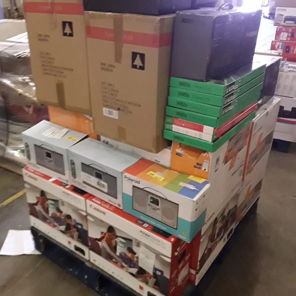 PALLET OF ASSORTED ELECTRONIC PRODUCTS INCLUDING PRINTERS, GAMING KEYBOARDS, CD BOOMBOXES, HI-FI MICRO SYSTEM