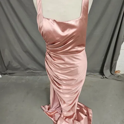 TIFFANYS RUCHED SPLIT LEG OCCASION DRESS IN DUSTY PINK SHIMMER SIZE 10