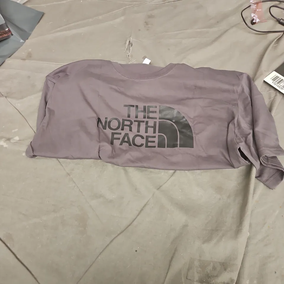 The North Face T-Shirt – Gray/Purple Logo on Back