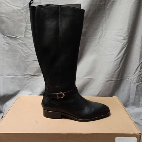 BOXED PAIR OF DUNE LONDON BLACK LEATHER KNEE-HIGH BOOT – UK 8