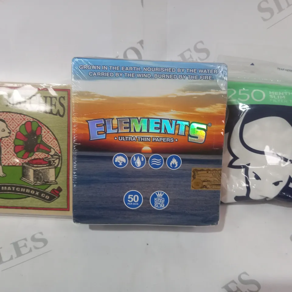 APPROXIMATELY 20 ASSORTED HOUSEHOLD ITEMS TO INCLUDE MENTHOL SLIM FILTER TIPS, ELEMENTS ULTRA THIN PAPERS, SAFETY MATCHES, ETC