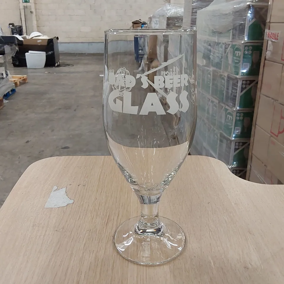 PALLET OF APPROXIMATELY 156 BOXES OF 6X BRAND NEW BIER CO 'DAD'S BEER GLASS' 380ML BEER GLASSES + 2 BOXES OF ASSORTED BEER GLASSES AND SOCKS
