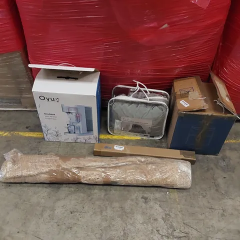 PALLET OF ASSORTED ITEMS INCLUDING: HOT WATER DISPENSER, ELECTRIC BLANKET, AIR FRYER, LED CEILING LIGHT, RUG