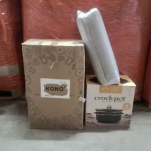 PALLET OF ASSORTED HOUSEHOLD GOODS AND PRODUCTS TO INCLUDE; SLOW COOKER,LARGE RUGS,SUITCASE