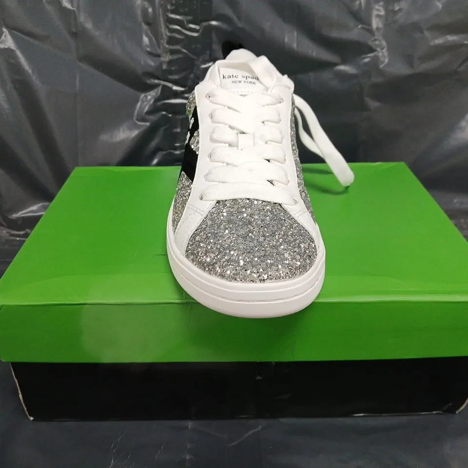 BOXED PAIR OF KATE SPADE SIGNATURE LACE UP SNEAKERS IN SILVER GLITTER SIZE EU 38