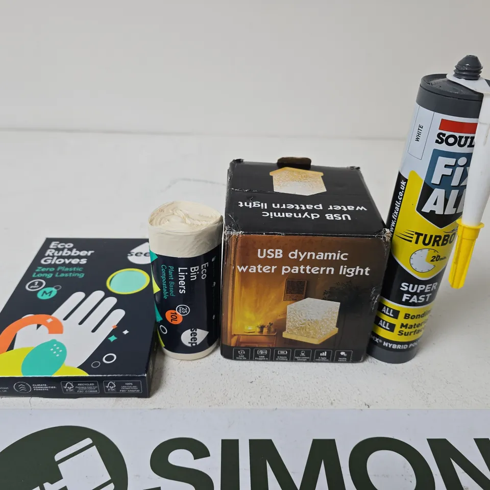 APPROXIMATELY 15 ASSORTED HOUSEHOLD PRODUCTS TO INCLUDE WATER PATTERN LIGHT ,                                                          ECO BIN LINERS AND SOUDAL FIX ALL