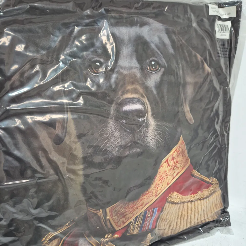 LOT OF 16 AS NEW TOP DOG BLACK LAB THEMED FILLED CUSHIONS - 45X45CM