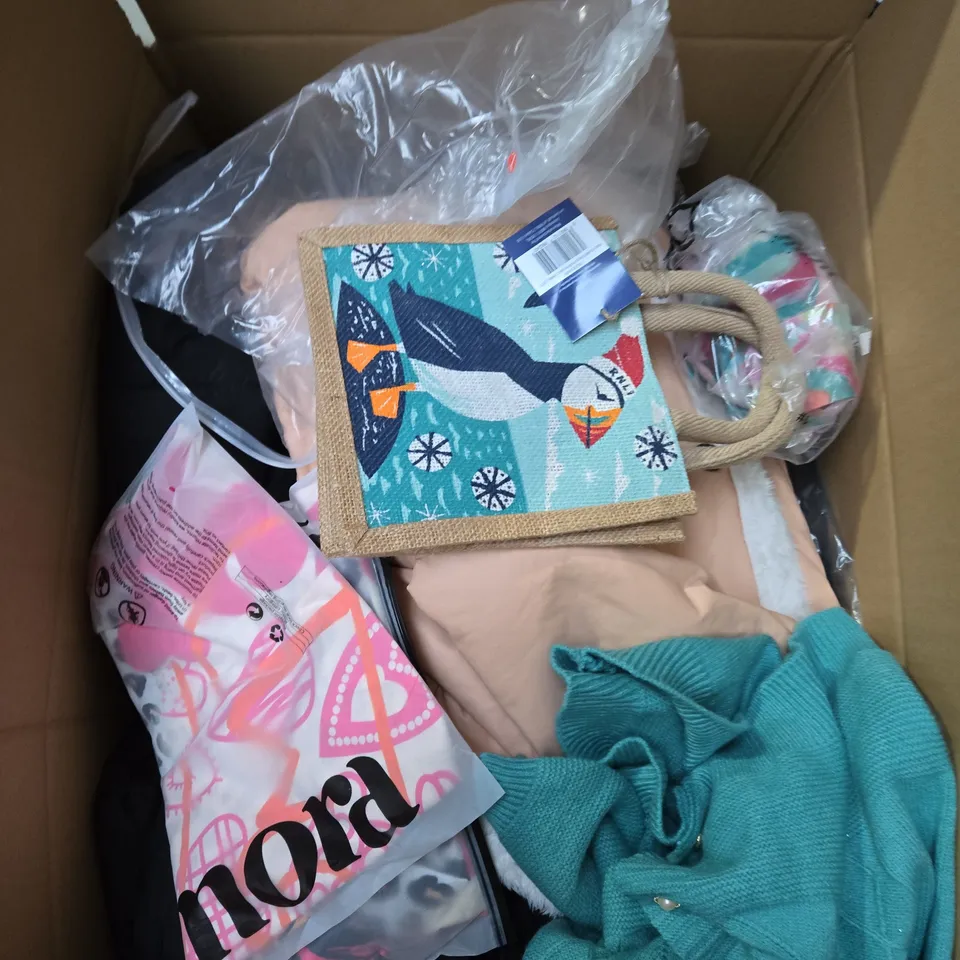 LARGE BOX OF ASSORTED CLOTHING ITEMS IN VARIOUS SIZES, STYLES AND COLOUR 